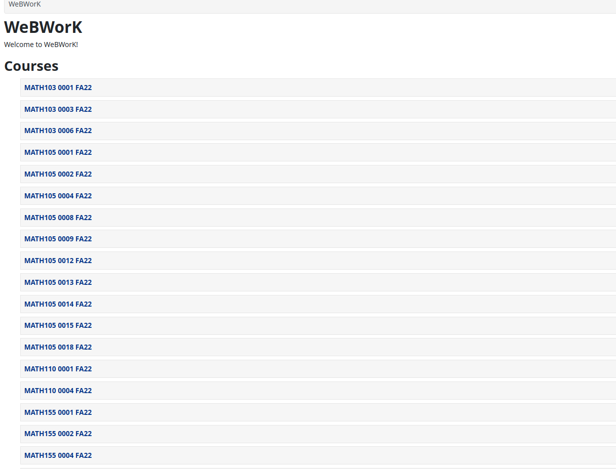 WeBWorK course listing