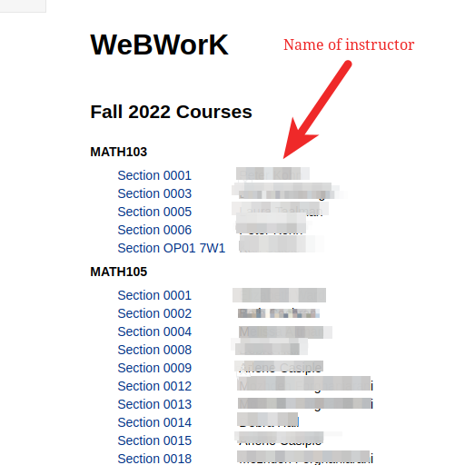 WeBWorK course listing with annotation