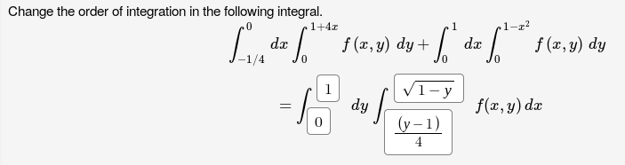 Sample WeBWorK problem using integration limit input box layed out using  CSS Grid, with MathQuill on. This is with live-rendered answers.