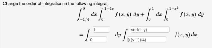 Sample WeBWorK problem using integration limit input box layed out using CSS Grid, with MathQuill off.Answers are included in the input boxes.